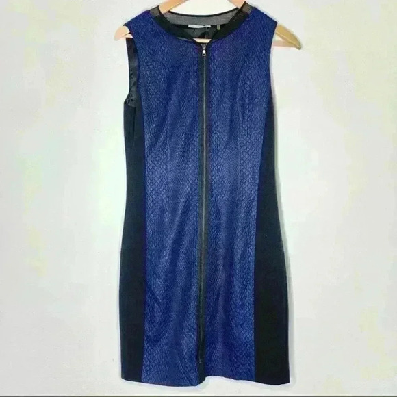 T Tahari blue snakeskin and black  print front zipper a-line dress  6 - Picture 3 of 8